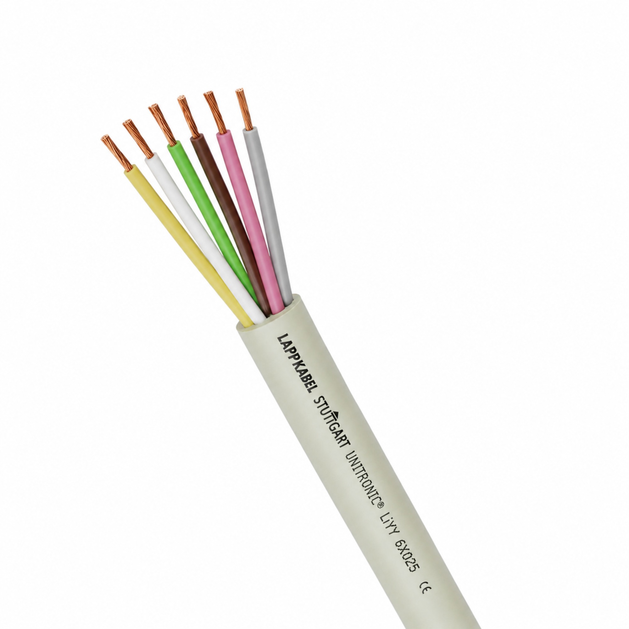 Datenleitung mit grauem Mantel mit 6 Adern in gelb, grün, braun, pink, hellgrau Ansicht offene Adern