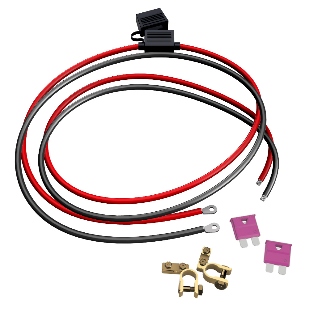 Aufgewickeltes Offgridtec Batteriekabel M8 mit Flachsicherungshalter, schwarz rot inklusive 2x 10A Sicherungen und Polklemmen