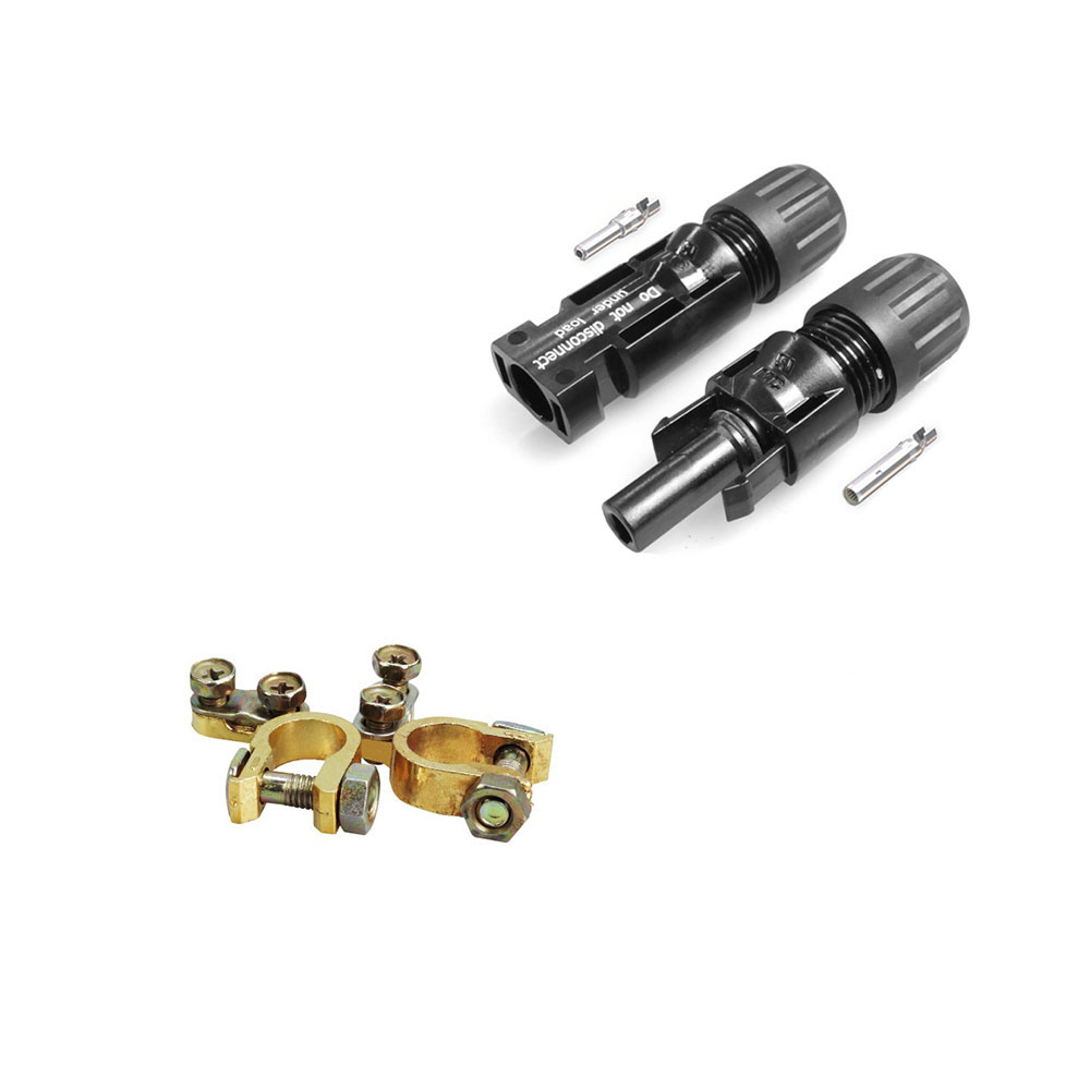MC4-Stecker in schwarz und Batterie-Polklemmen in gold und voller Ansicht