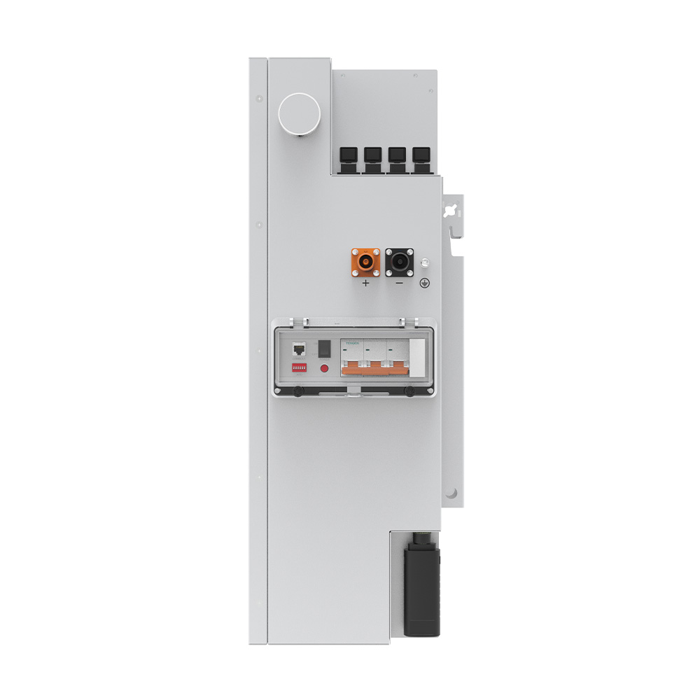 Seitenansicht eines Pytes V16 LiFePO4 Batteriespeichers mit Anschlüssen und Sicherungen