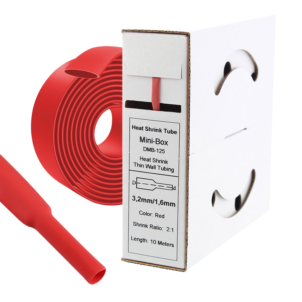 Schrumpfschlauch in rot dargestellt als Rolle mit der Verpackung und dem möglichen Schrumpfvolumen