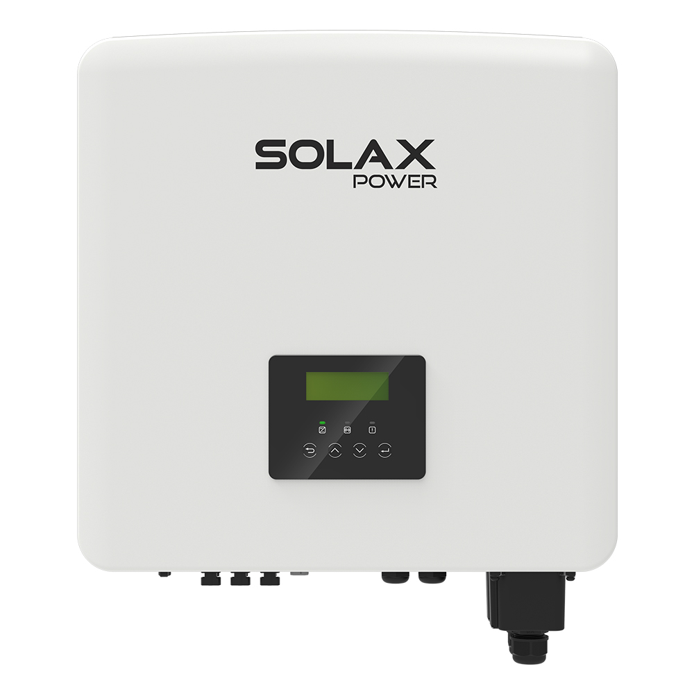 Frontansicht: weißer Solax X3-HYBRID-15.0-D Wechselrichter mit Display, Tasten, Anschlüssen und integriertem Wifi-Dongle