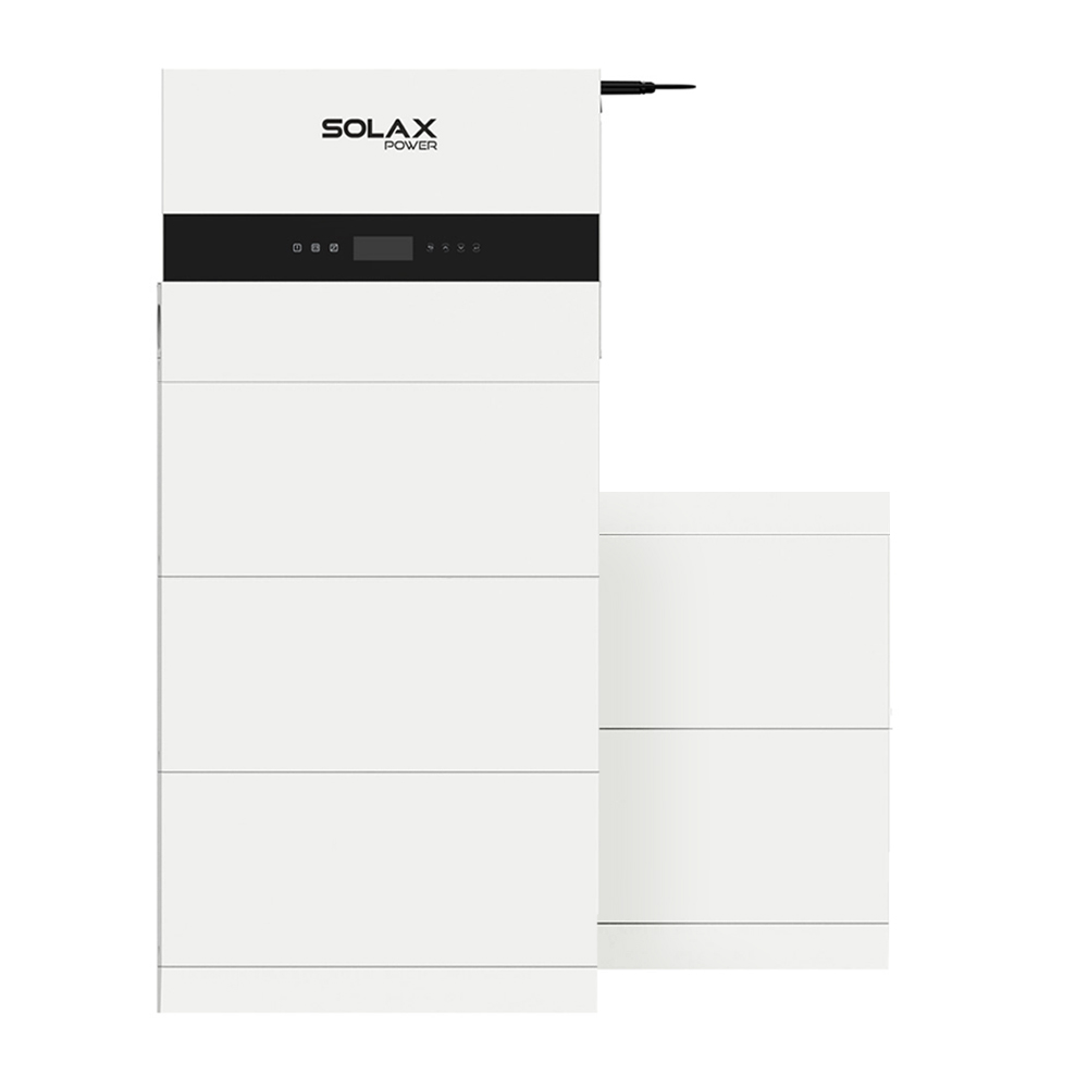 Frontansicht des weißen Solax X3-IES Speichersystems mit Wechselrichter, 5 Batterien und BMS