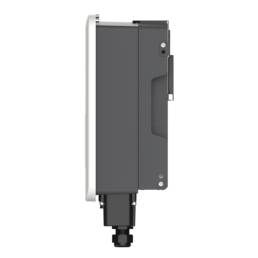 Seitenansicht rechts: Solax X3-Pro-12K-G2 Inverter, weiß-schwarz mit Logo, Bedienfeld, Display und Anschlüssen