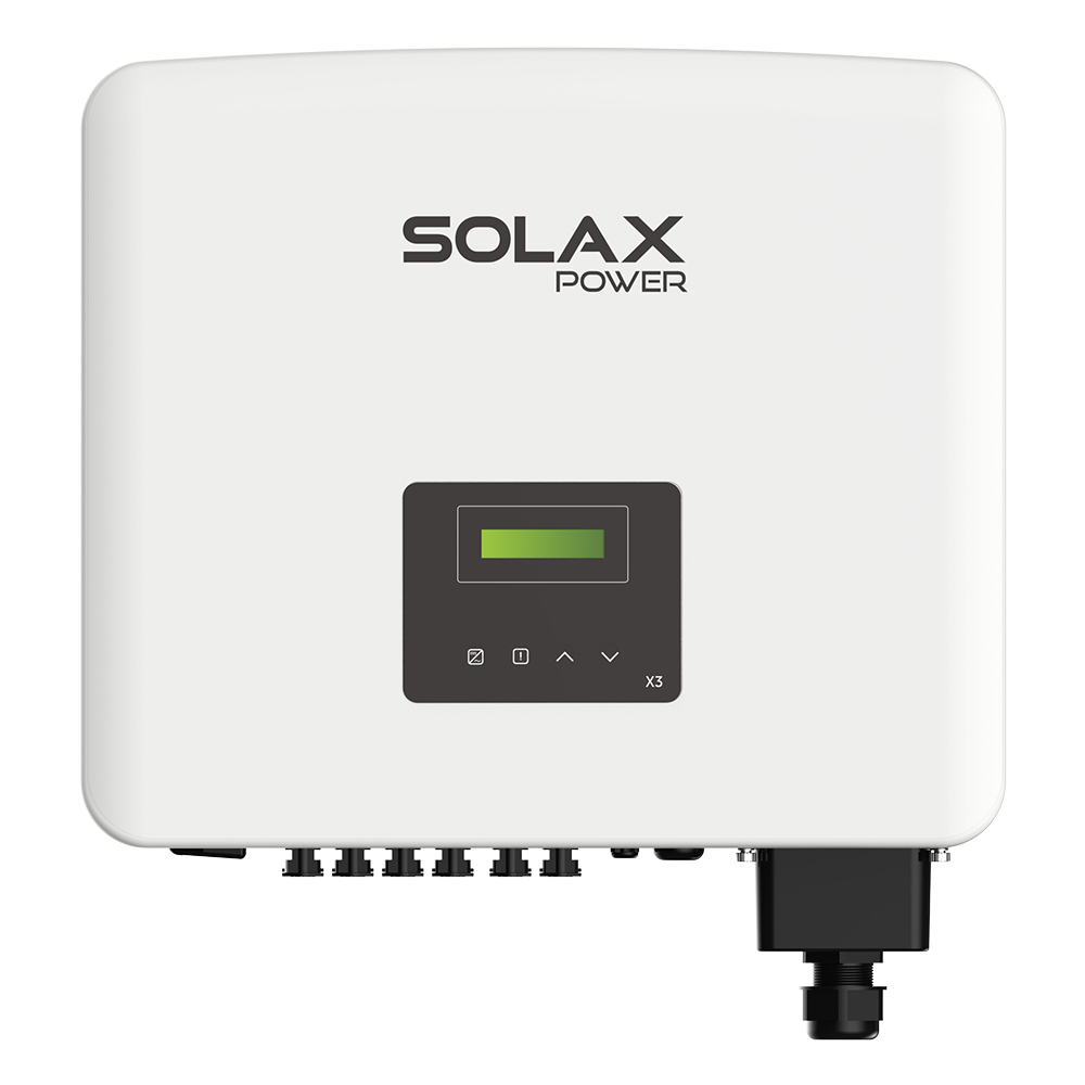 Frontansicht: Solax X3-Pro-12K-G2 Inverter, weiß-schwarz mit Logo, Bedienfeld, Display und Anschlüssen