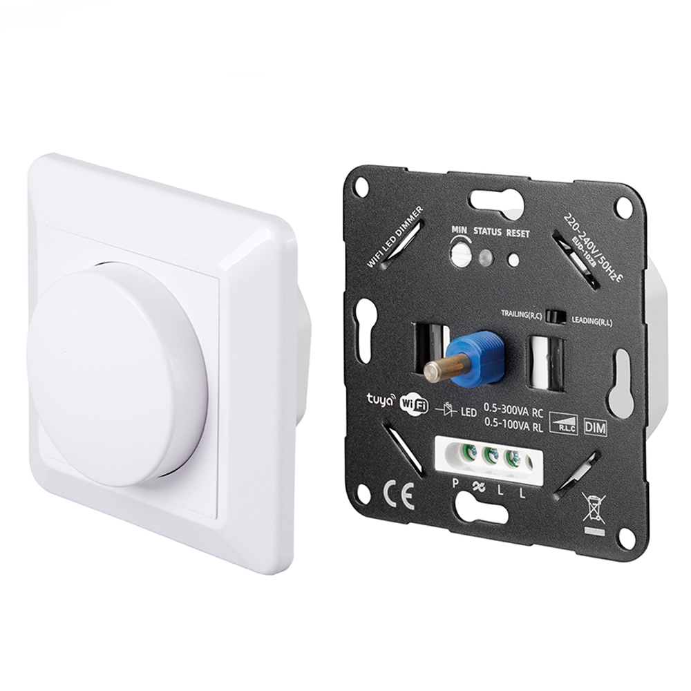Smart LED dimmer 0.5–100W switch with Tuya, rotary dimmer flush-mounted dimming switch for dimmable LED/halogen 0.5–300W, dimmer for LED lamps, LED dimmer 230V, white