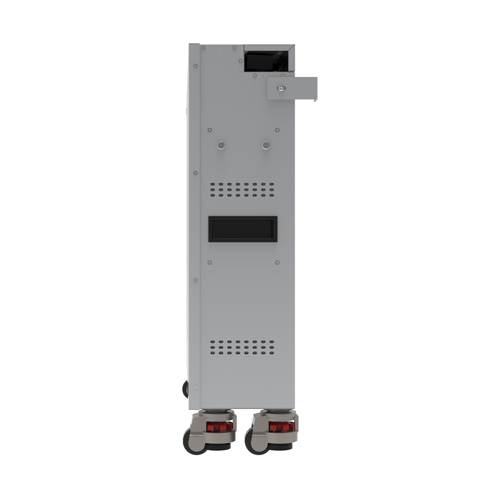 Seitenansicht eines stehenden Pytes V16 Lite LiFePO4 Batteriespeichers mit Bodenmontage und Rollen am Boden