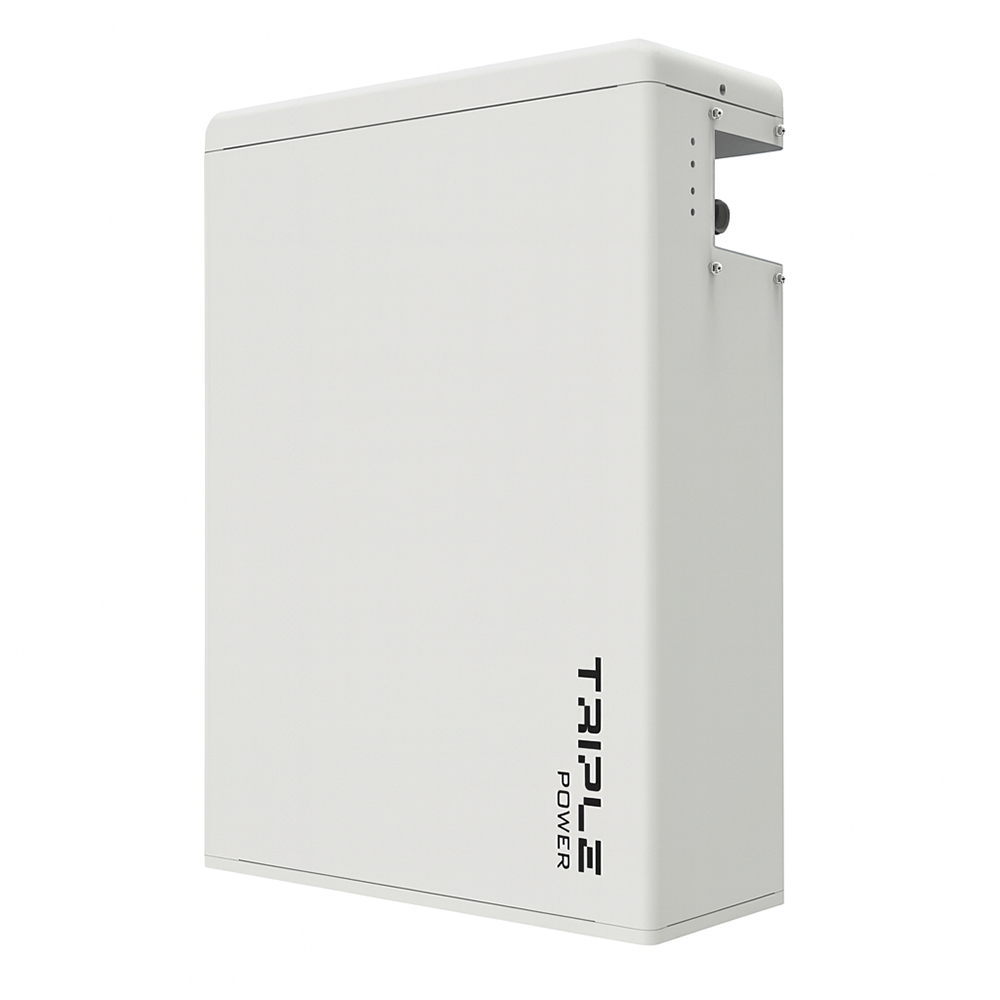 Schrägansicht von rechts: Weiße Solax HV11550 Slave Batterie 5,8 kWh mit TRIPLE Power Logo und LED-Statusanzeigen