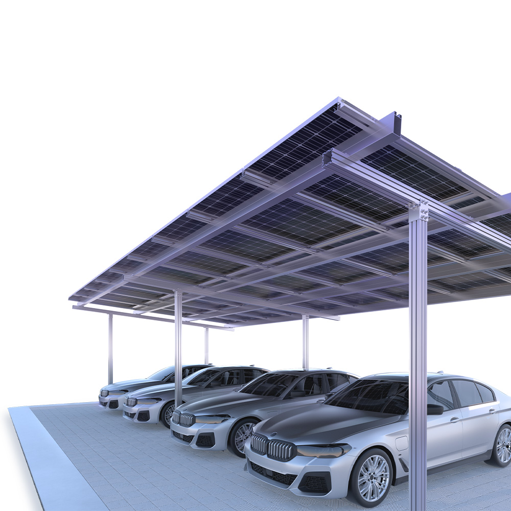 Aufgebautes Carportgerüst mit Modulen und geparkten Autos