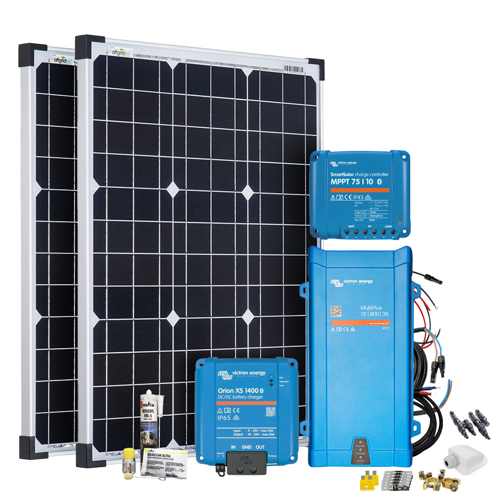 Setansicht: 2 Solarmodule, Victron MultiPlus, Victron SmartSolar, Victron Orion XS und umfangreiches Zubehör