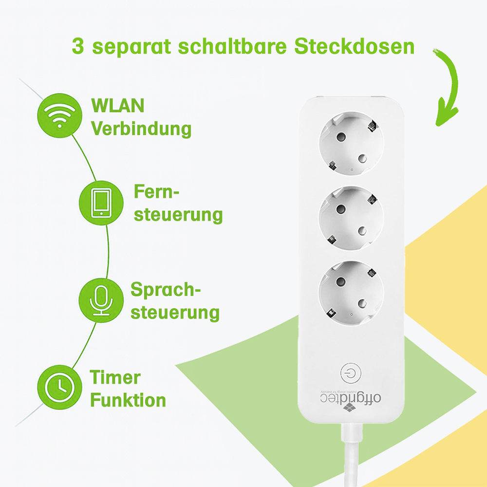 Infografik: 3 separat schaltbare Steckdosen, Wlan-Verbindung, Fernsteuerung, Sprachsteuerung, Timer-Funktion