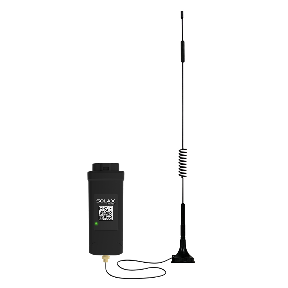 Frontansicht: Solax Pocket WIFI+4GM Modul mit externer LTE-Antenne, QR-Code und LED-Anzeige, schwarz