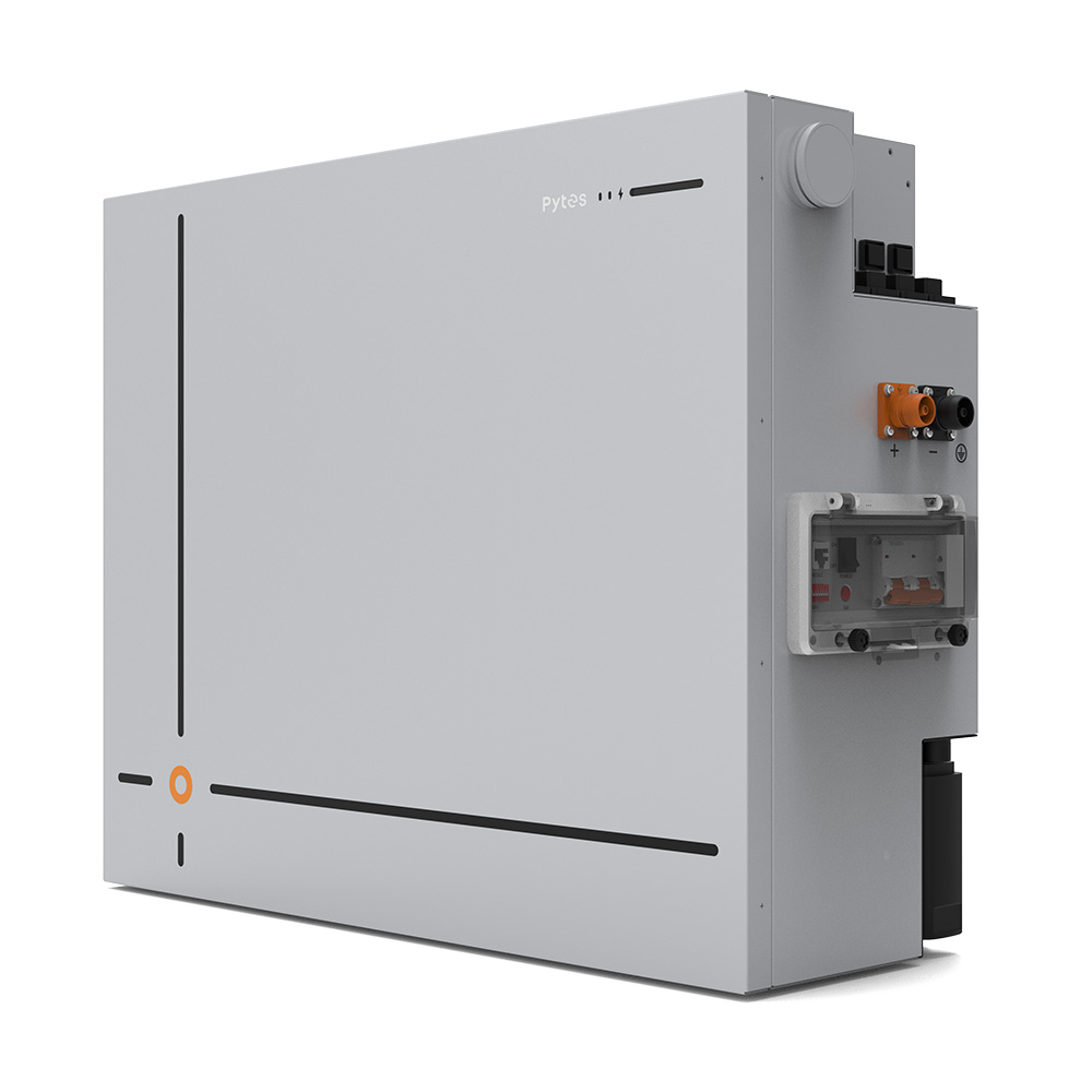 Rechteckiger Pytes V12 LiFePO4 Niedervolt Batteriespeicher mit glatter grauer Oberfläche und schwarzen Linien als Designakzent seitliche Ansicht mit sichtbaren Anschlüssen seitlich