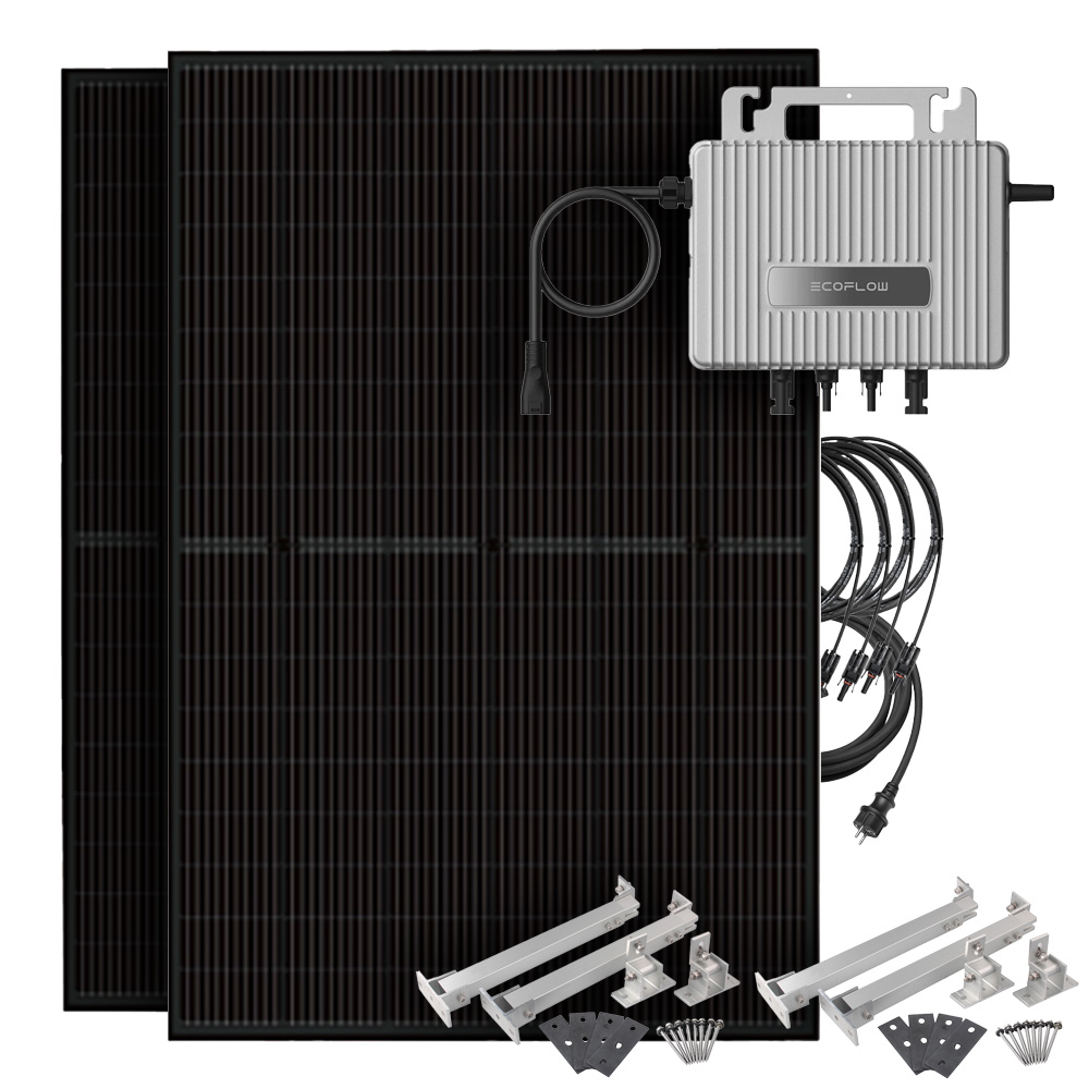 Setansicht: 2 Luxen Solarmodule, ein Ecoflow Stream Mikrowechselrichter, Flachdach-Halterungen, 4 PV-Kabel und einem AC-Kabel