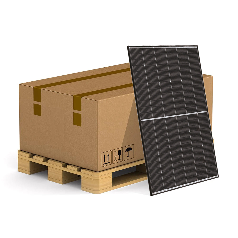 Palette mit 36 Trina Solar 445W Vertex S+ Dual-Glas N-Type TopCon Solarmodulen, Karton mit einem einzelnen Modul angelehnt