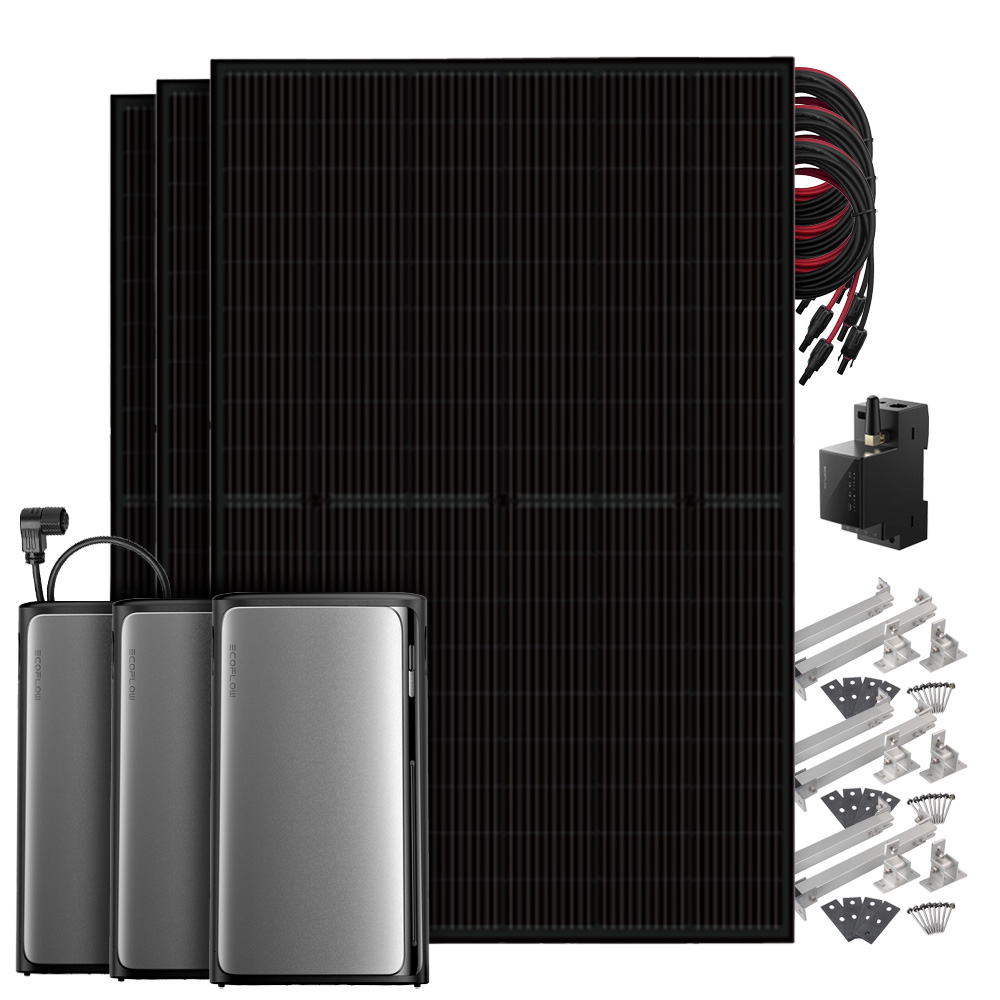 Setansicht: 3 Solarmodule, EcoFlow Stream Pro All-in-1 System, 2 AC Pro Batterien, Smart Meter, Kabeln & Flachdach-Montageset