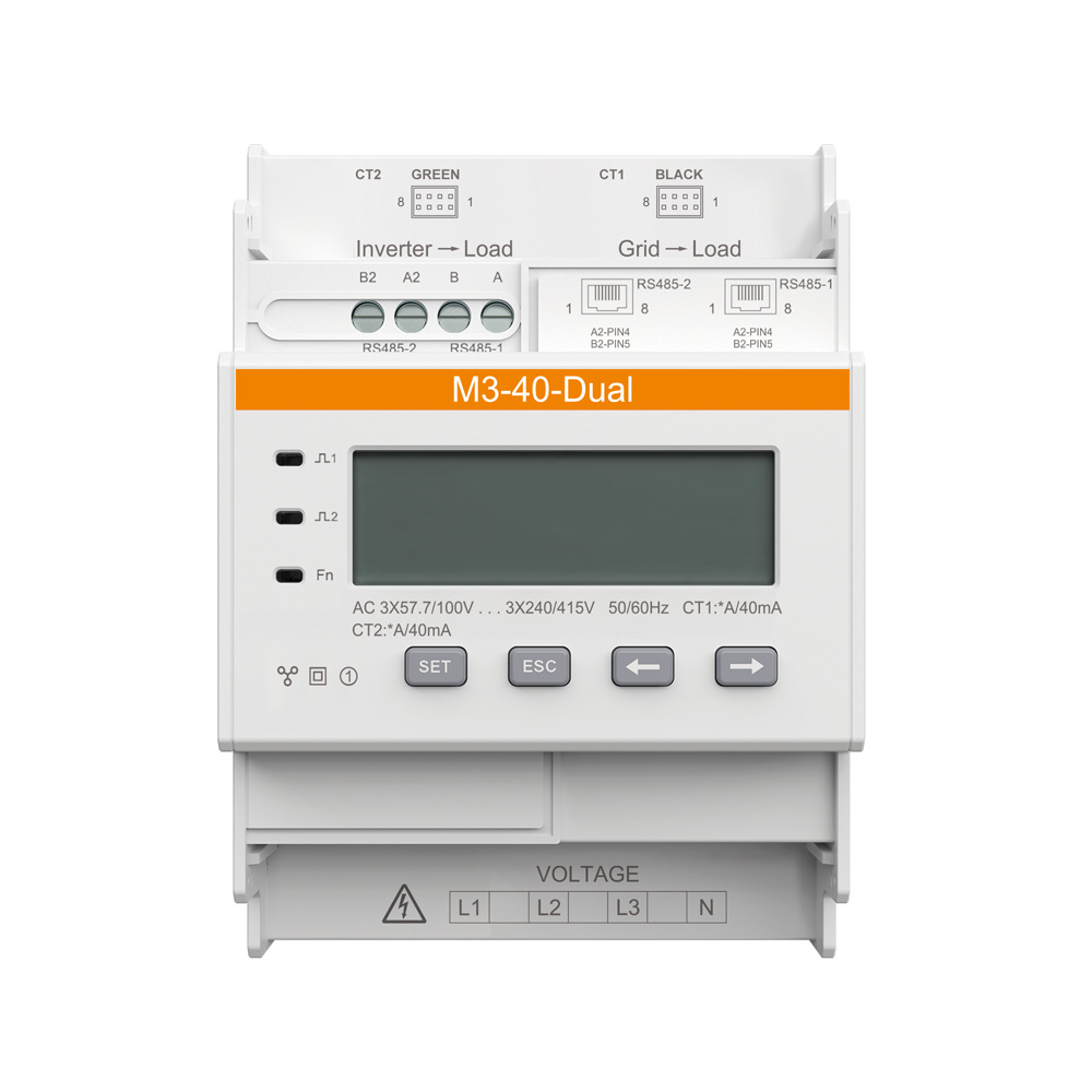 Frontansicht: hellgrauer Solax M3-40-Dual Zähler, LCD, SET/ESC-Tasten und Anschlüssen