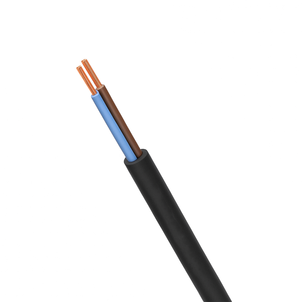 Schwarz ummantelte Steuerleitung mit zwei Adern: blau und braun; Leiter aus Kupfer
