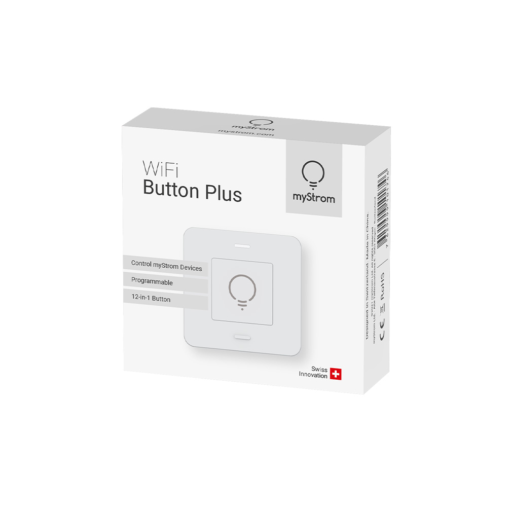 Weißer, quadratischer myStrom WiFi Button Plus in seiner weißen Verpackung
