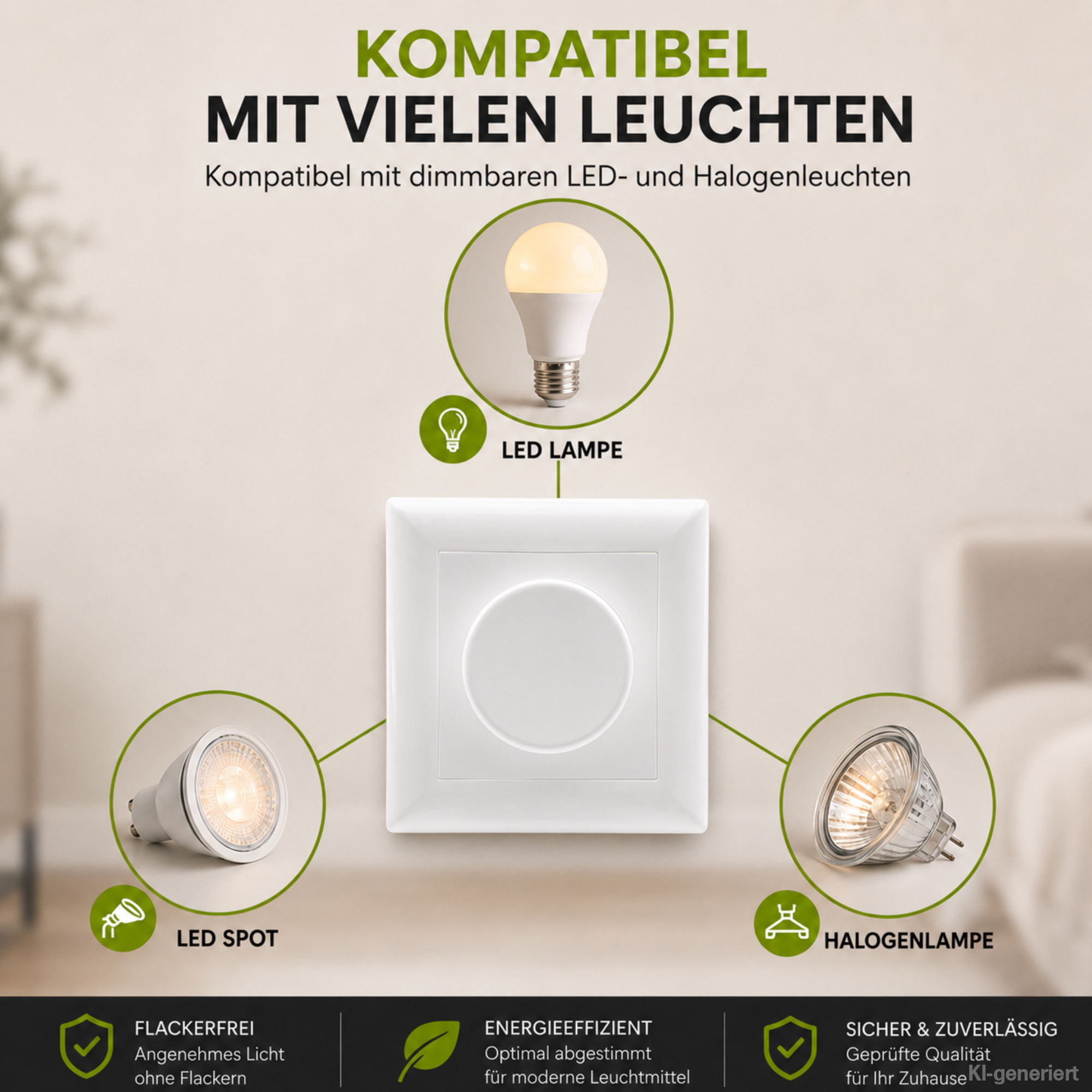 weißer runder Drehdimmer, kompatibel mit vielen Leuchten, verschiedene Glühbirnen-Arten