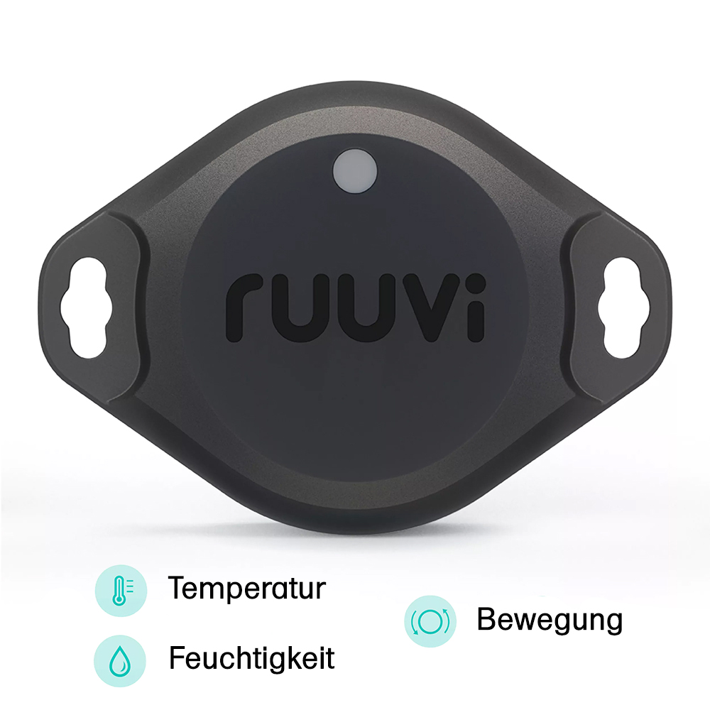 Schwarzer RuuviTag Pro 3in1 Bluetooth-Sensor mit Befestigungslaschen, misst Temperatur, Feuchtigkeit und Bewegung