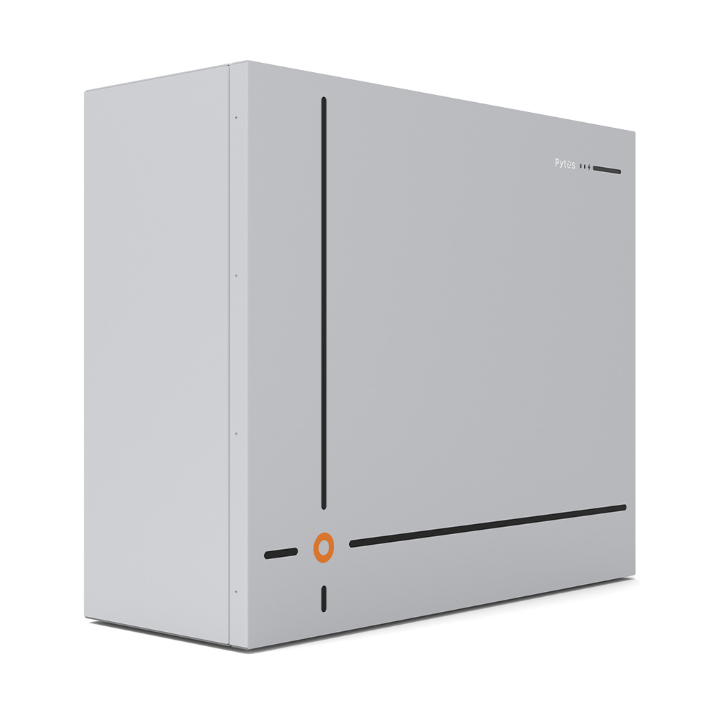 Rechteckiger Pytes V12 LiFePO4 Niedervolt Batteriespeicher mit glatter grauer Oberfläche und schwarzen Linien als Designakzent seitliche Ansicht