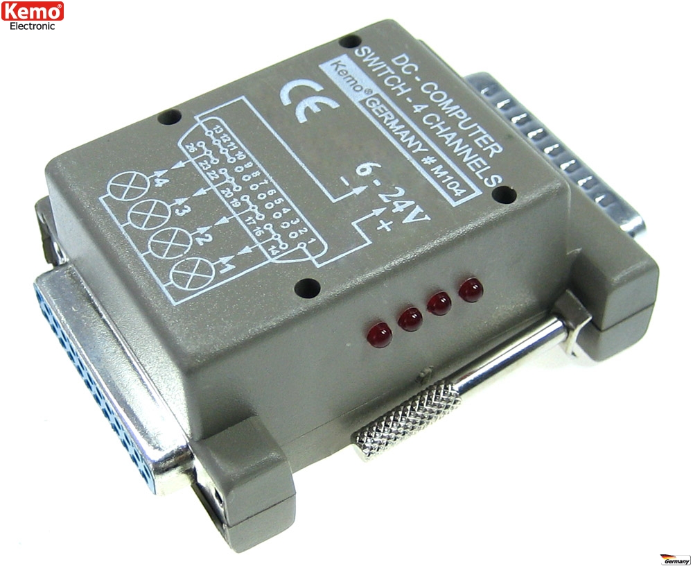 Schrägansicht des Kemo 4 Kanal Computer Schalters (M104) mit roten LED Leuchten