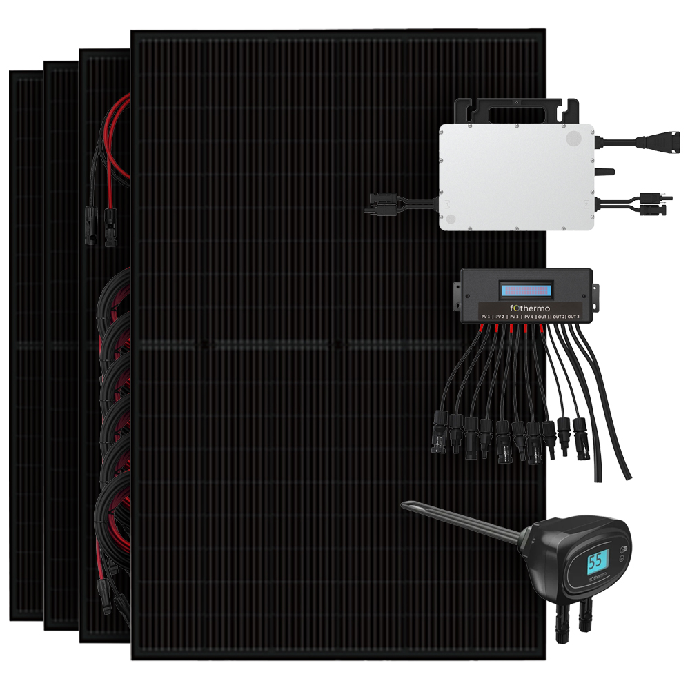 Setansicht: 4 Solarmodule, Hoymiles Mikrowechselrichter, Fothermo Umschaltgerät und Heizstab und passende Kabeln fürs System Setansicht: 4 Solarmodule, Hoymiles Mikrowechselrichter, Fothermo Umschaltgerät und Heizstab und passende Kabeln fürs System