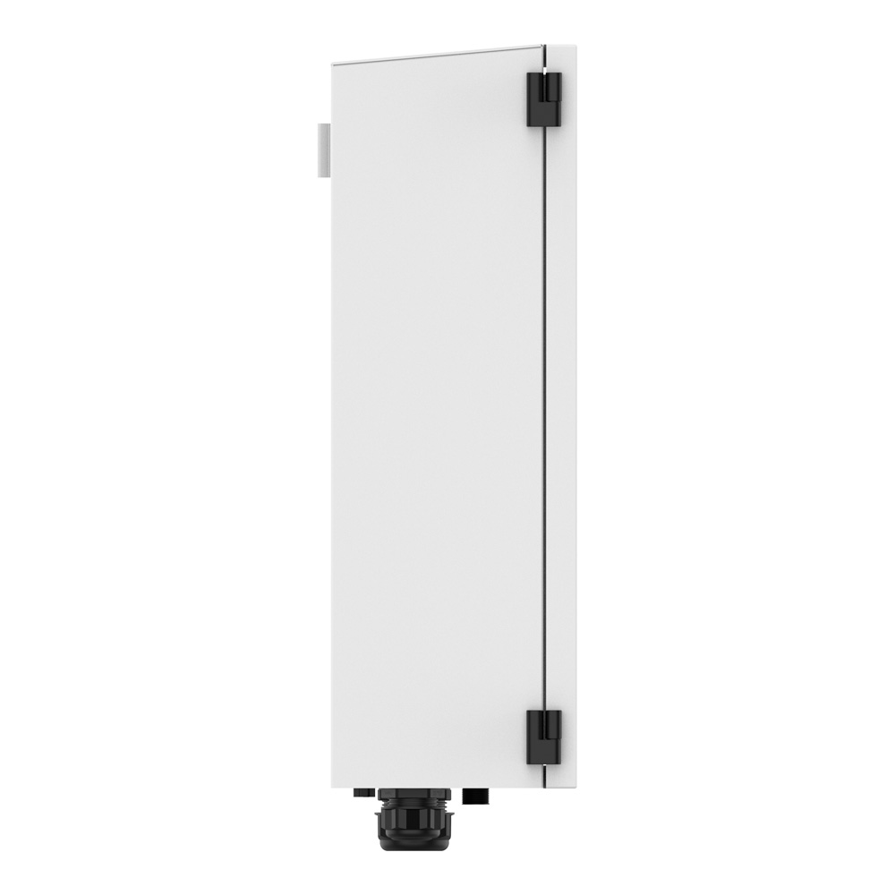 Seitenansicht: Rechte Seite der rechteckigen Solax X3-Matebox G2 mit schwarzen Scharnieren und Kabelverschraubungen unten