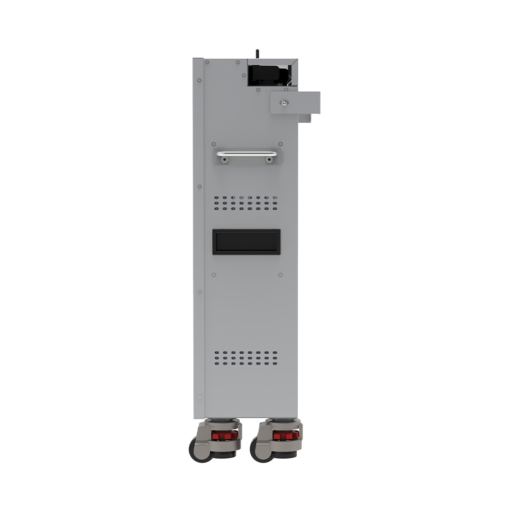 Seitenansicht eines stehenden Pytes V16 Lite LiFePO4 Batteriespeichers mit Bodenmontage, Griff und Rollen am Boden