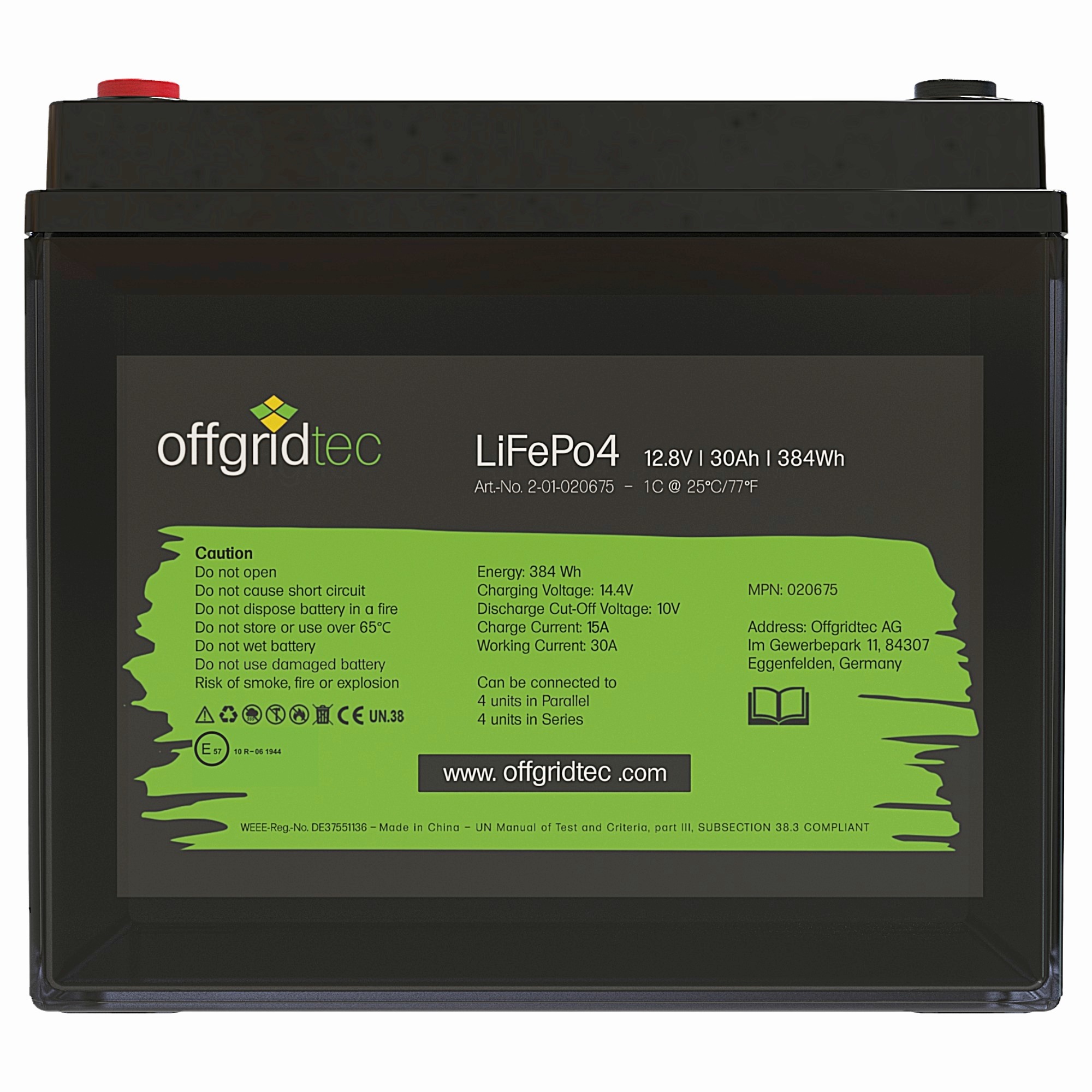 schwarze Offgridtec LiFePO4 Batterie 12V 30Ah Frontalansicht Etikett
