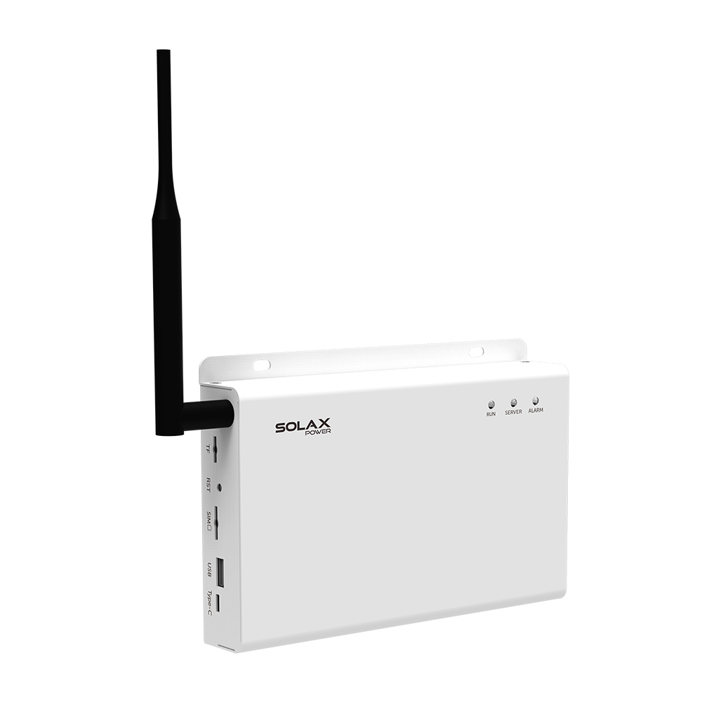 Schrägansicht von links: lichtgrauer Solax Smart Datahub 1000 mit Status-LEDs, seitlichen Anschlüssen + schwarzer Antenne