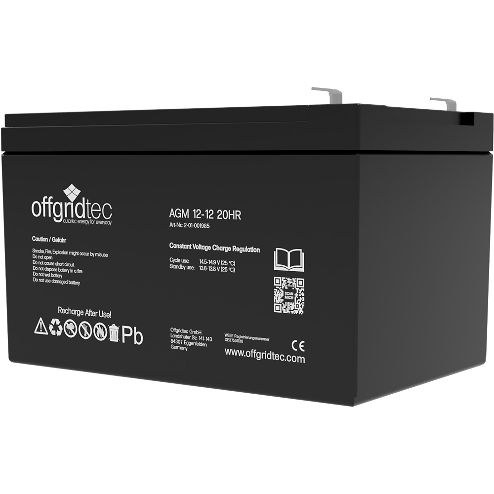 Batterie in schwarz mit weißer Aufschrift in schräger Ansicht