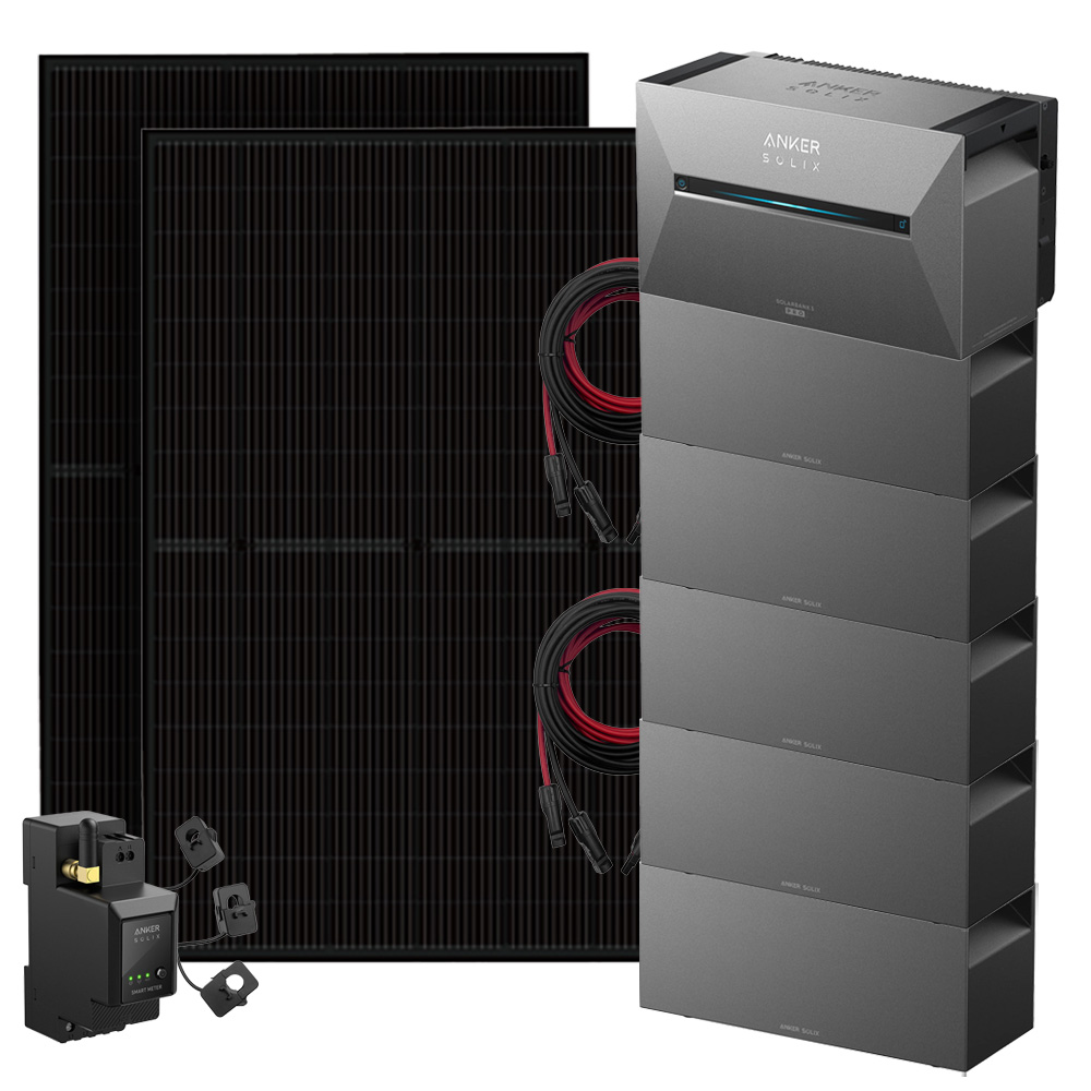 Setansicht: 2x Solarmodule, 1x Solix 3 Solarbank, 5x BP2700 Erweiterungsbatterie, 1x Stromzähler, 2x Kabel-Set