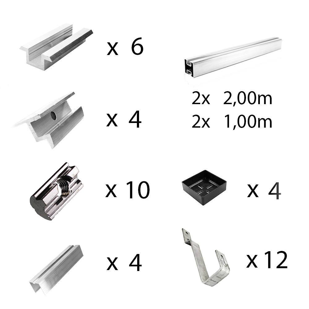 Kit de fixation avec crochets de toit en queue de castor pour montage sur toit incliné 4 panneaux solaires hauteur de cadre 35mm