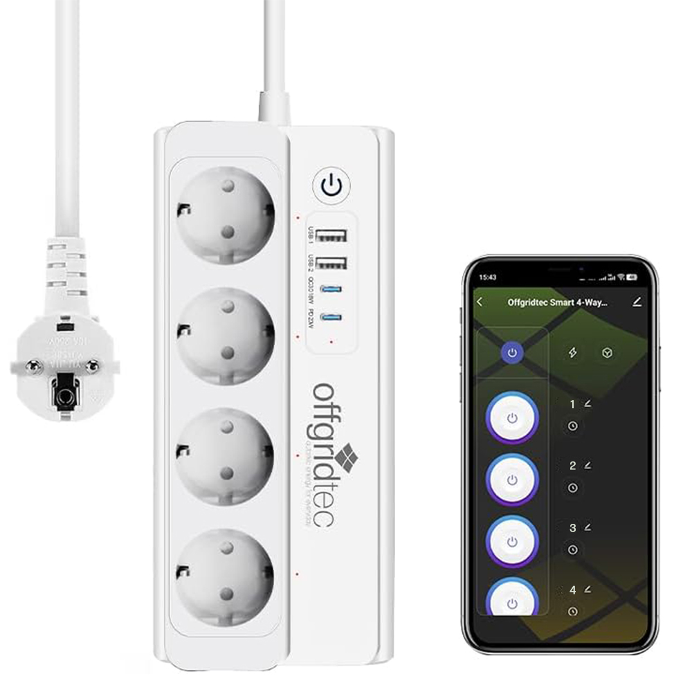Offgridtec smart 4-way socket strip + 2x USB-A and 2x USB-C connection with Smart Life or Tuya app - 1.5m cable