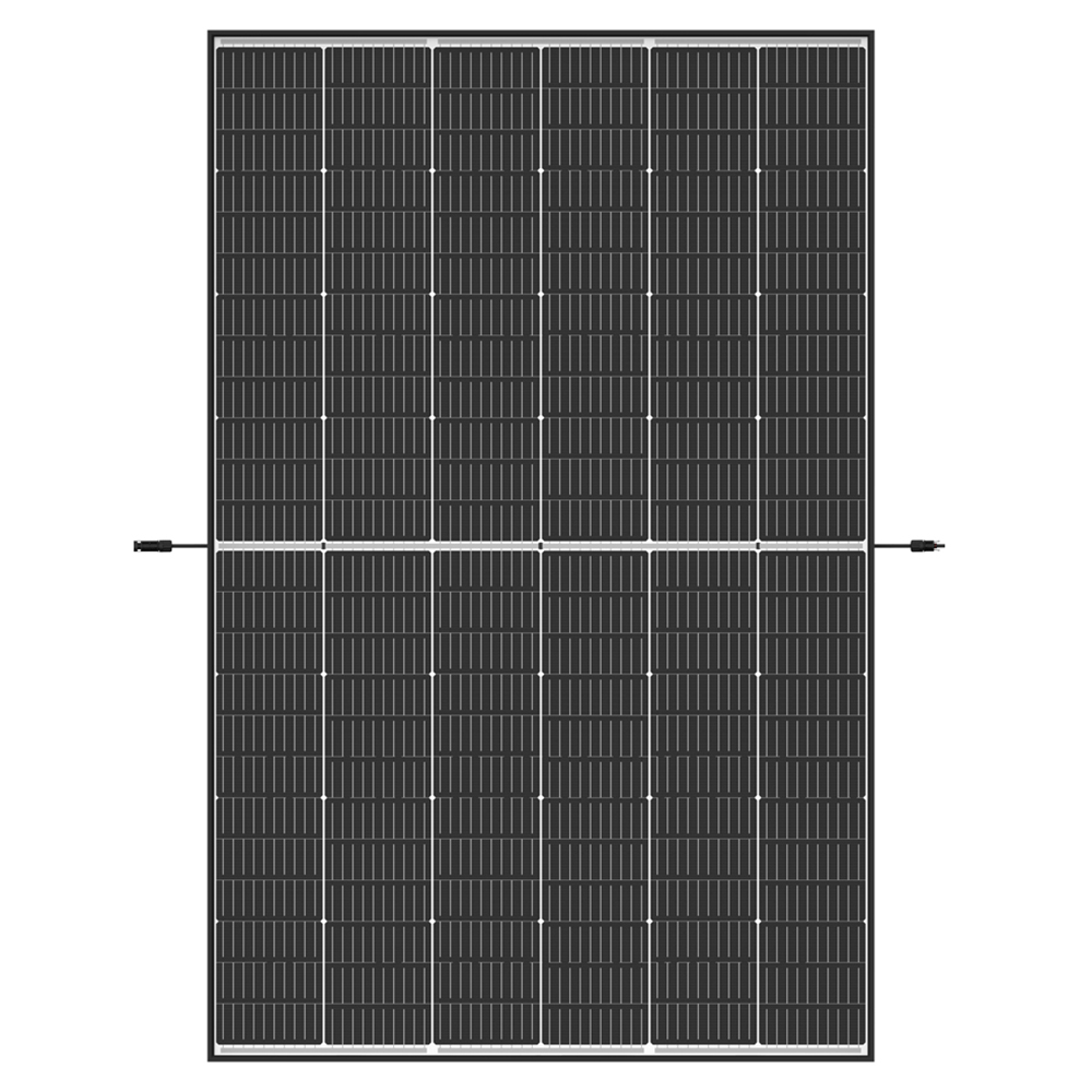 Frontansicht: Trina Solar Vertex S+ Dual-Glas N-Type TopCon Modul 450W mit schwarzem Rahmen; links und rechts Kabel