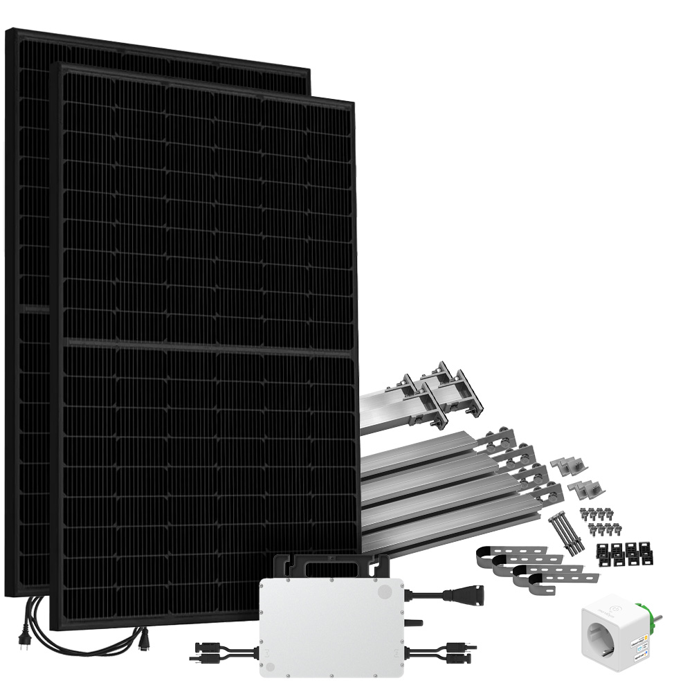 Offgridtec® Solar-Direct 860w hms-800w-2t Centrale électrique pour balcon BIfazial Full Black prise de courant de sécurité - 5m - kit de montage pour balustrade de balcon avec compteur électrique