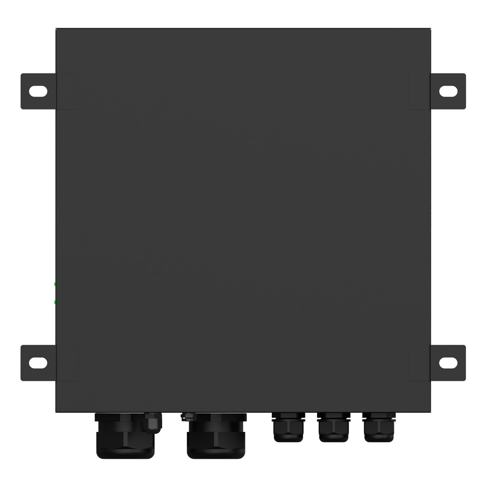 schwarze Rückseite der Solax X3-PBOX-60kW-G2 mit Montagedurchführungen seitlich und Kabeldurchführungen unten
