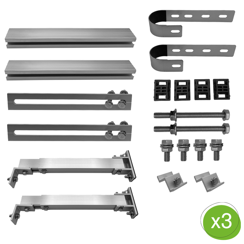 Setansicht: Alle silbernen Bestandteile des Balkongeländer-Montagesets mit Schienen, Schrauben, etc.