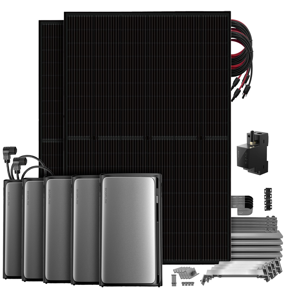 Setansicht: 2 Solarmodule, EcoFlow Stream Pro All-in-1 System, 4 AC Pro Batterien, Smart Meter, Kabel & Balkon-Montageset