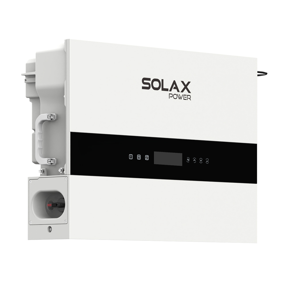 Schrägansicht von links: Solax X1-IES-4.6K Inverter, weißes Gehäuse, schwarzes Bedienfeld und Display vorne, seitlicher Griff