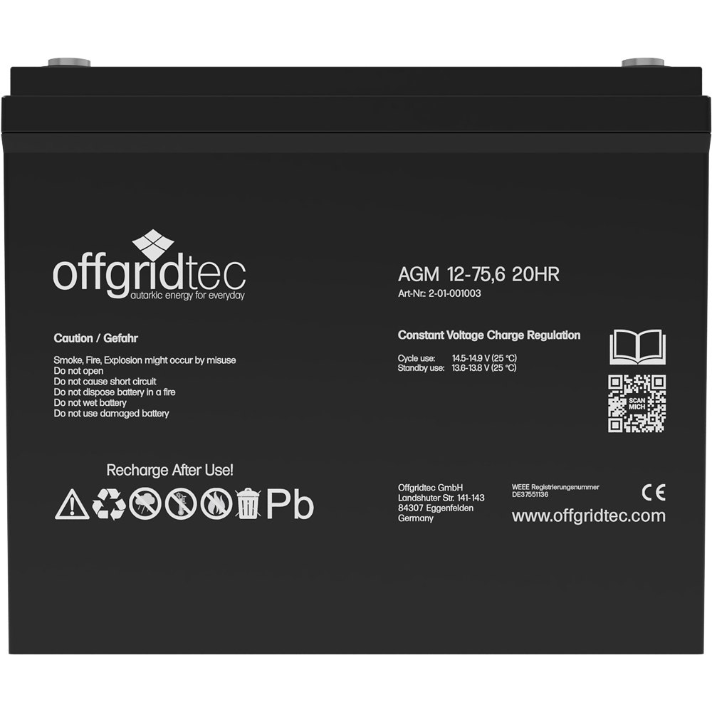 Batterie in schwarz, Ansicht von vorn, sichtbare Aufschrift und Ansteckpole
