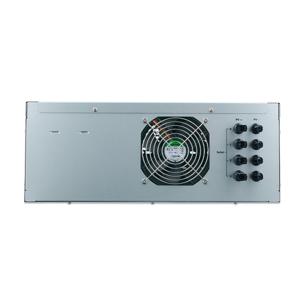 Rückseite eines rechteckigen Victron Energy Multi HS19 Solar 15k Geräts mit großem Lüftergitter in der Mitte und sechs Solaranschlüssen rechts.