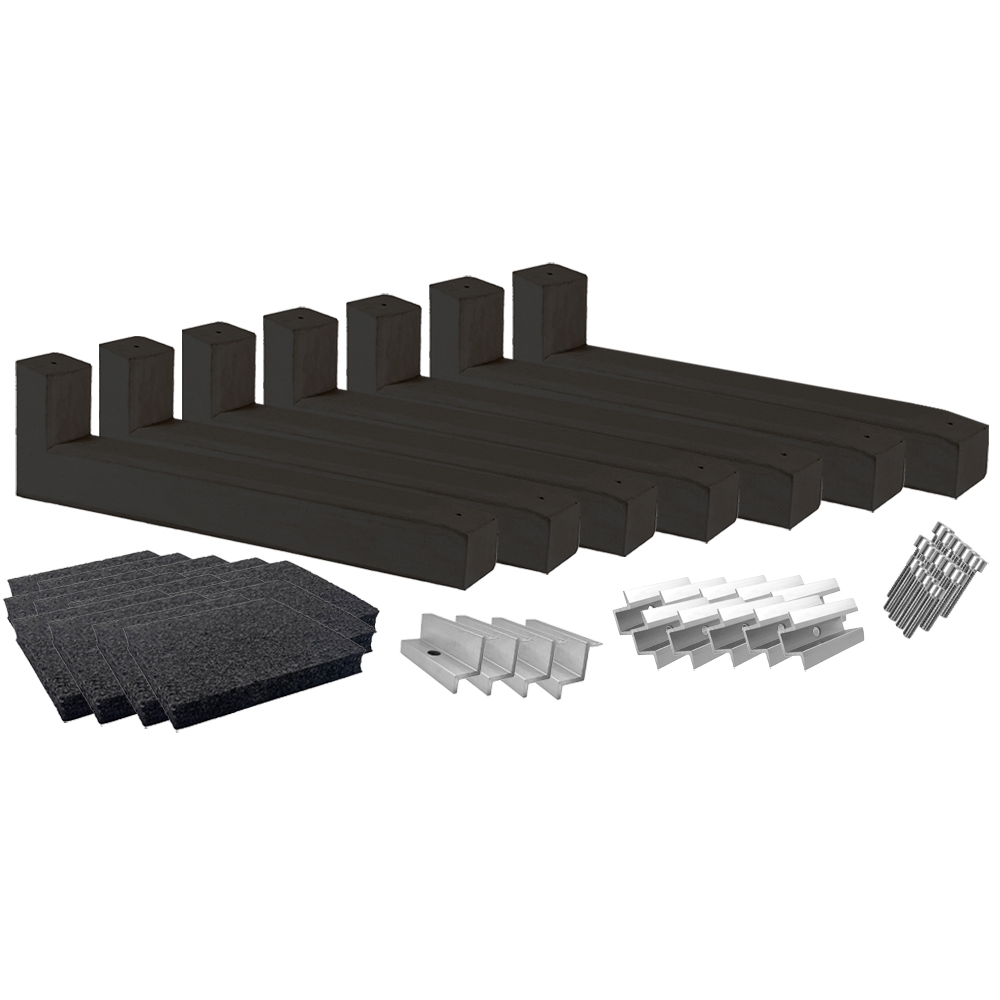 Wattstone PV Montage sur toit plat pour 6 modules solaires 10° Socle en béton noir Tapis de protection des constructions Montageset für 6 Solarmodule mit sieben 10° Wattstone Betonsockeln, Schutzmatten, Klemmen und Schrauben