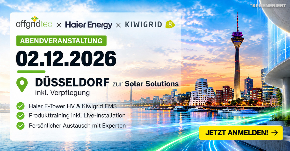 Banner Roadshow 2026 von Offgridtec, Haier Energy und Kiwigrid: Abendveranstaltung am 02.12.2026 in Düsseldorf zur Solar Solutions mit Produkttraining zu Haier E-Tower HV und Kiwigrid EMS, Düsseldorfer Skyline mit Rheinturm