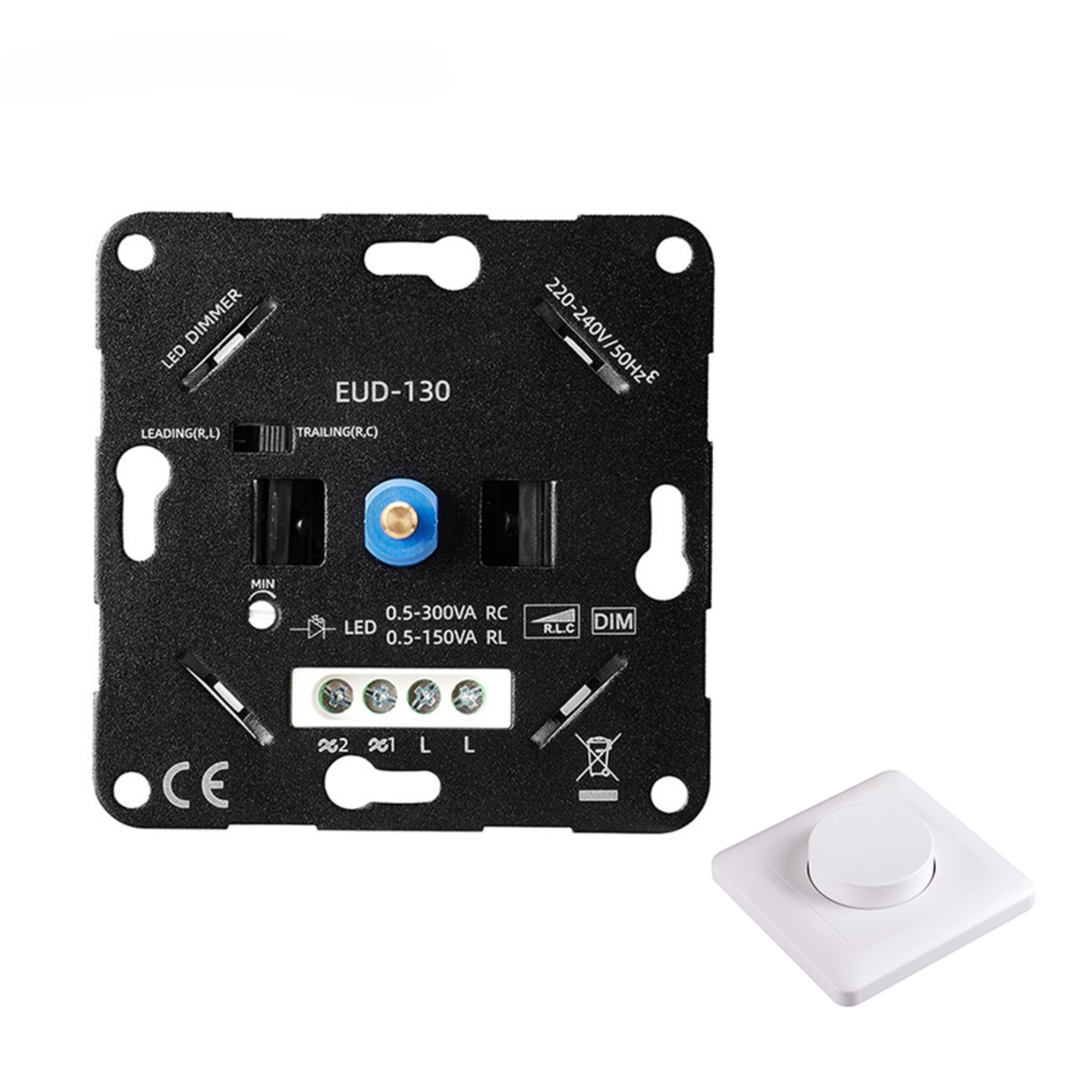 Innenseite Drehdimmer mit Anschlüssen und Montagebohrungen und schräge Ansicht Frontseite Dimmer