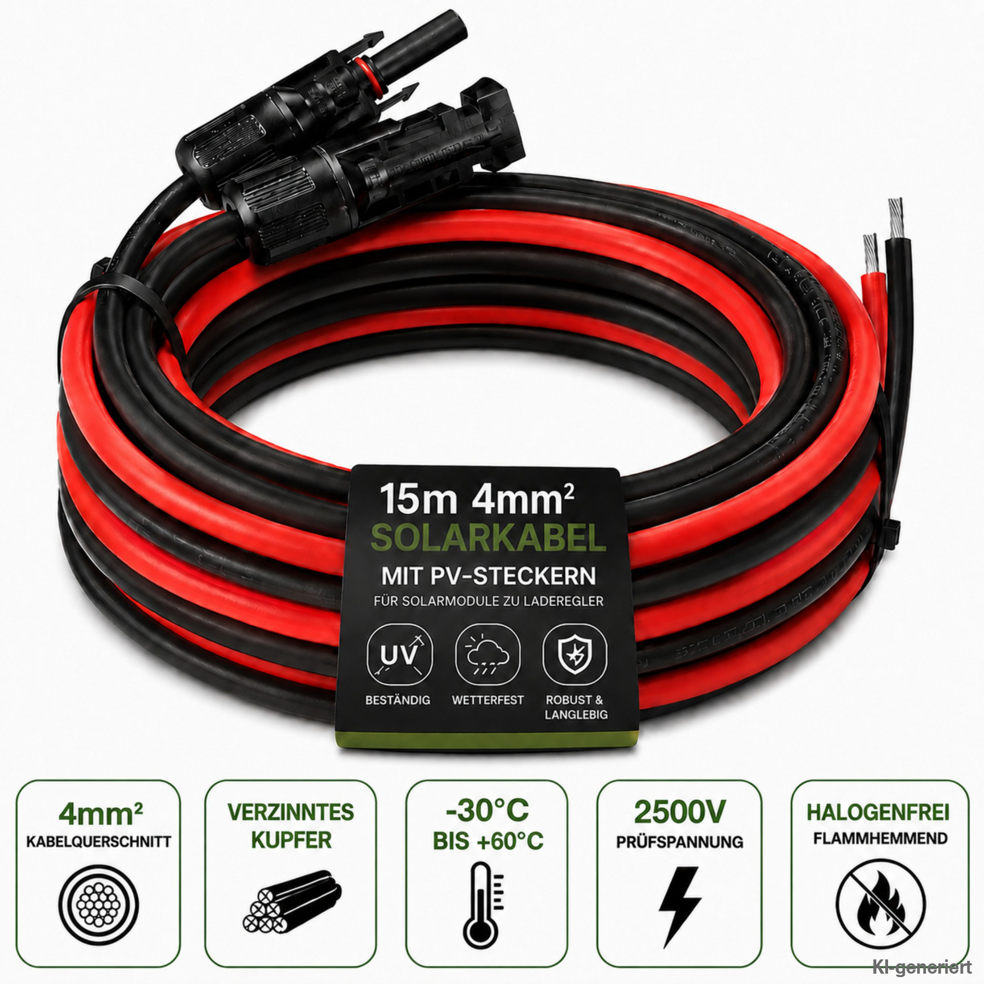 15m SolarKabel schwarz und rot mit Solarstecker und offener Litze mit Informationslabel