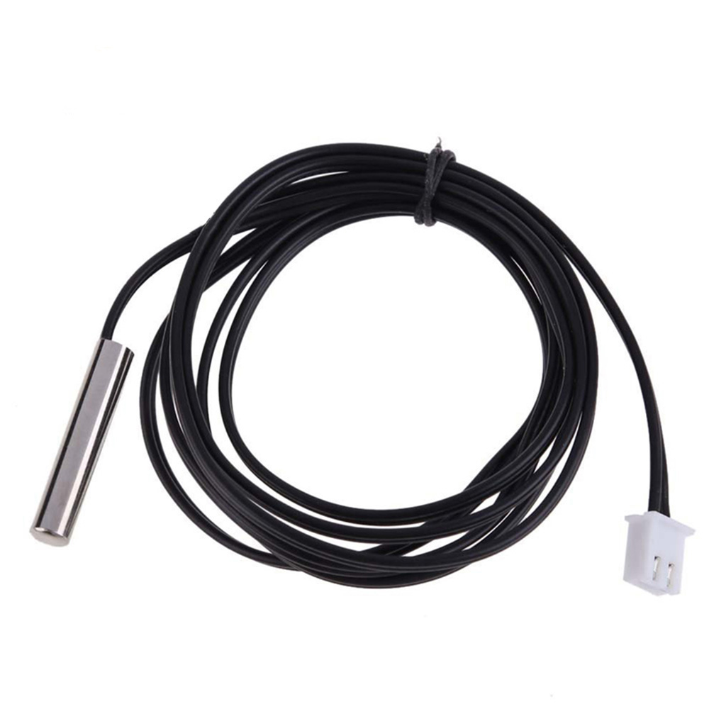 Draufischt: Ein Temperatursensor mit aufgewickeltem schwarzem Kabel, Metallfühler und weißem 2-poligem Stecker