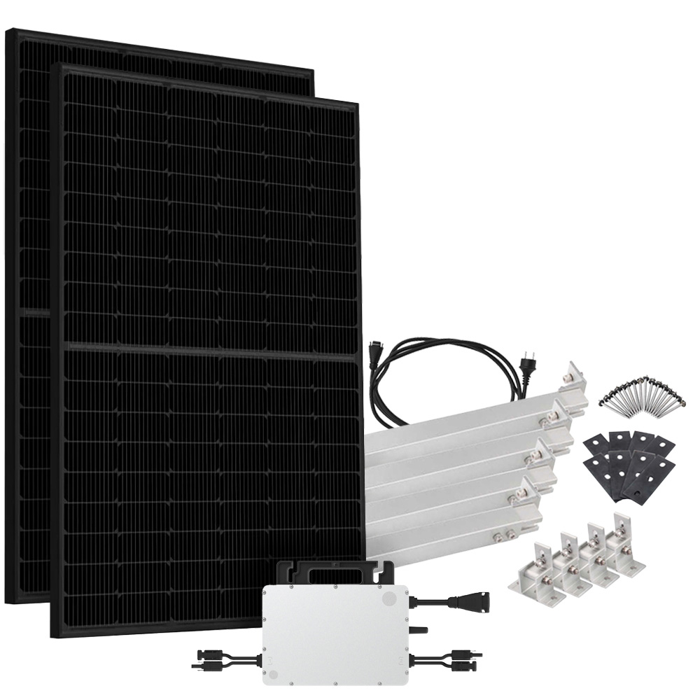 Offgridtec® Solar-Direct 900W HMS-800W-2T Balkonkraftwerk Bifazial Full Black Schukosteckdose - 10m - Montageset für Flachdach